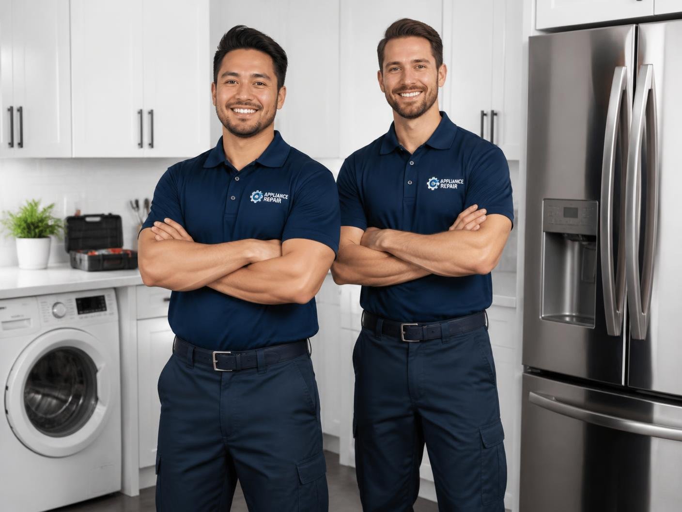 Homey Fixa appliance repair technicians in a modern kitchen